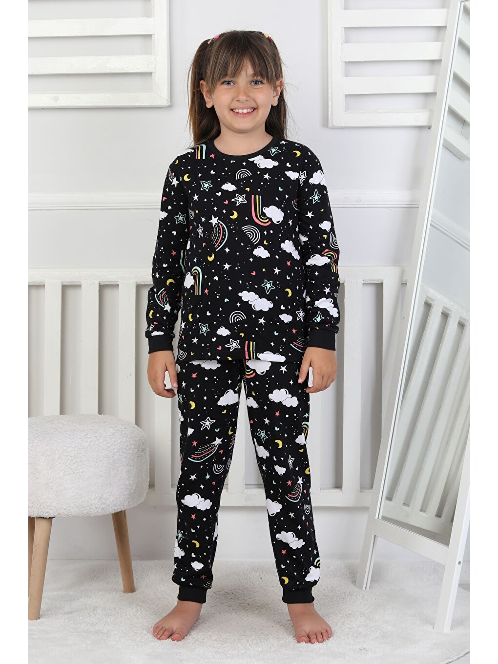 Siyah Cute Dreams Pattern Uzun Kollu Kız Çocuk Pijama Takımı-8
