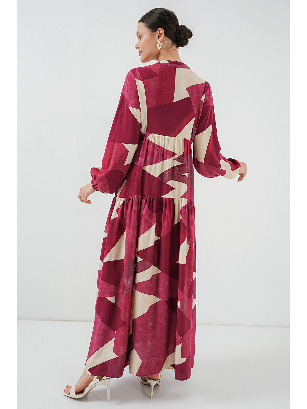 2423 Otantik Desenli Tesettür Elbise - B. Bordo-4