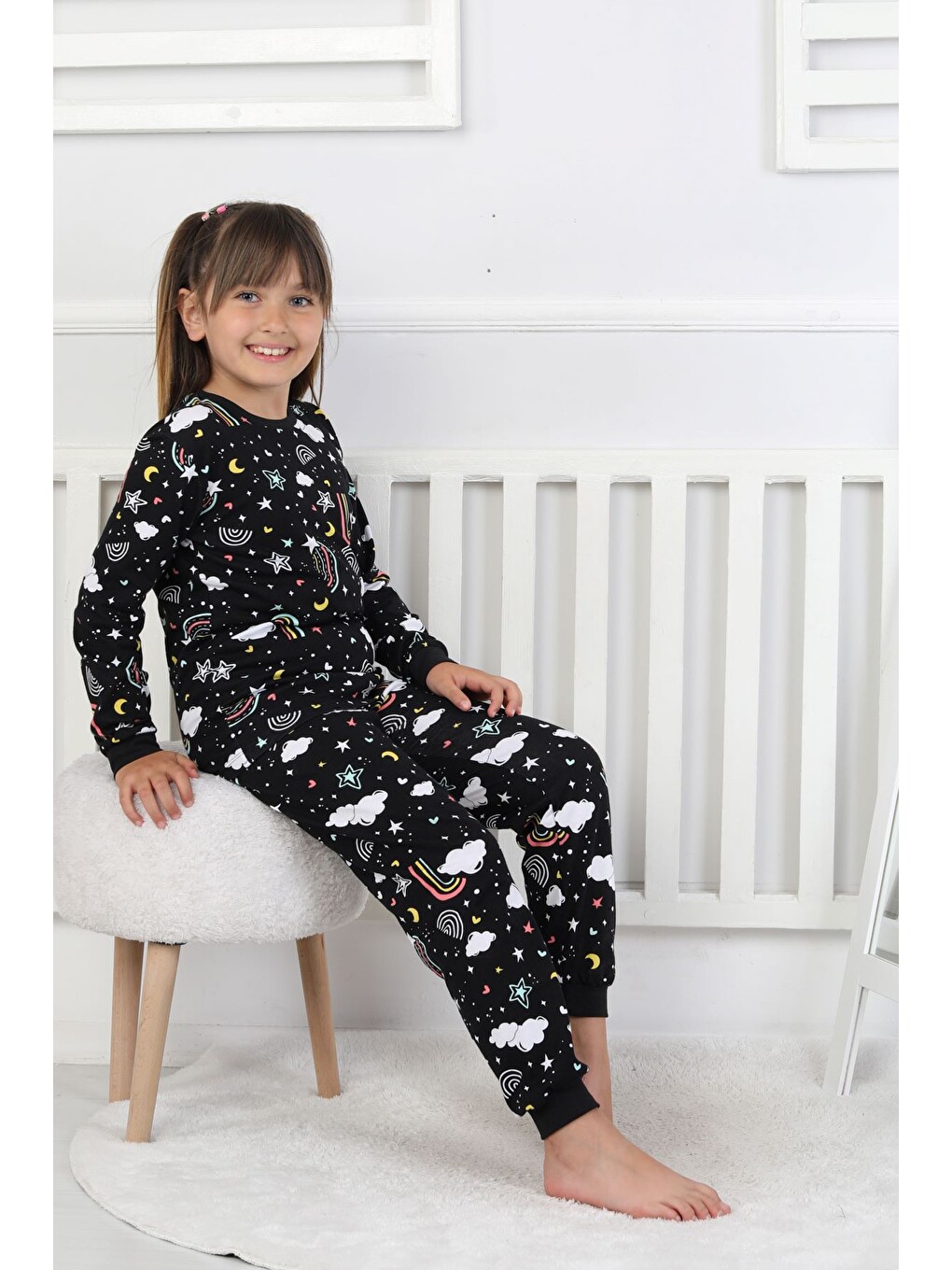Siyah Cute Dreams Pattern Uzun Kollu Kız Çocuk Pijama Takımı-9