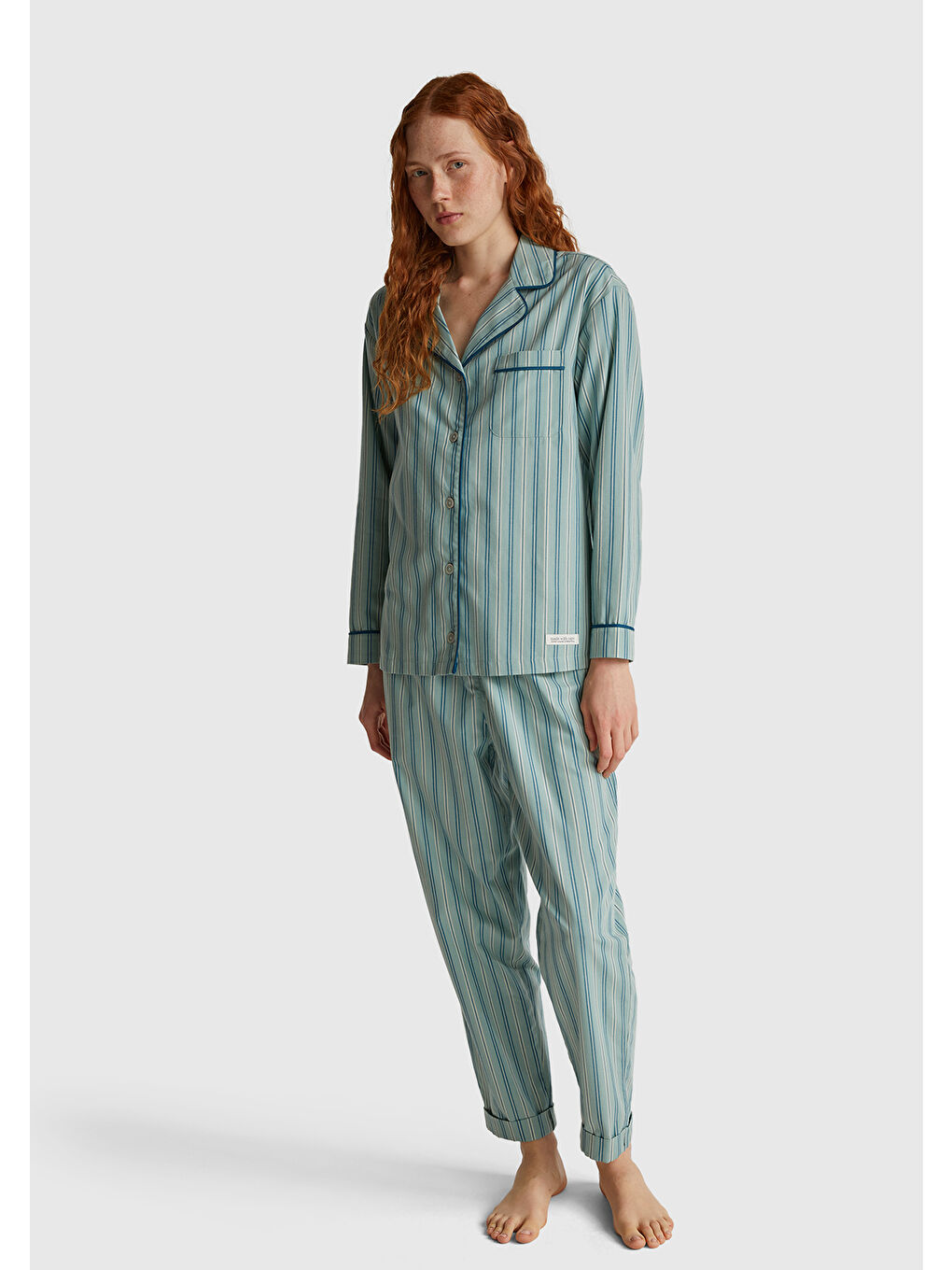 Kadın Turkuaz %100 Pamuk Kare Desenli Logolu Gömlek Yaka Pijama Üstü-4