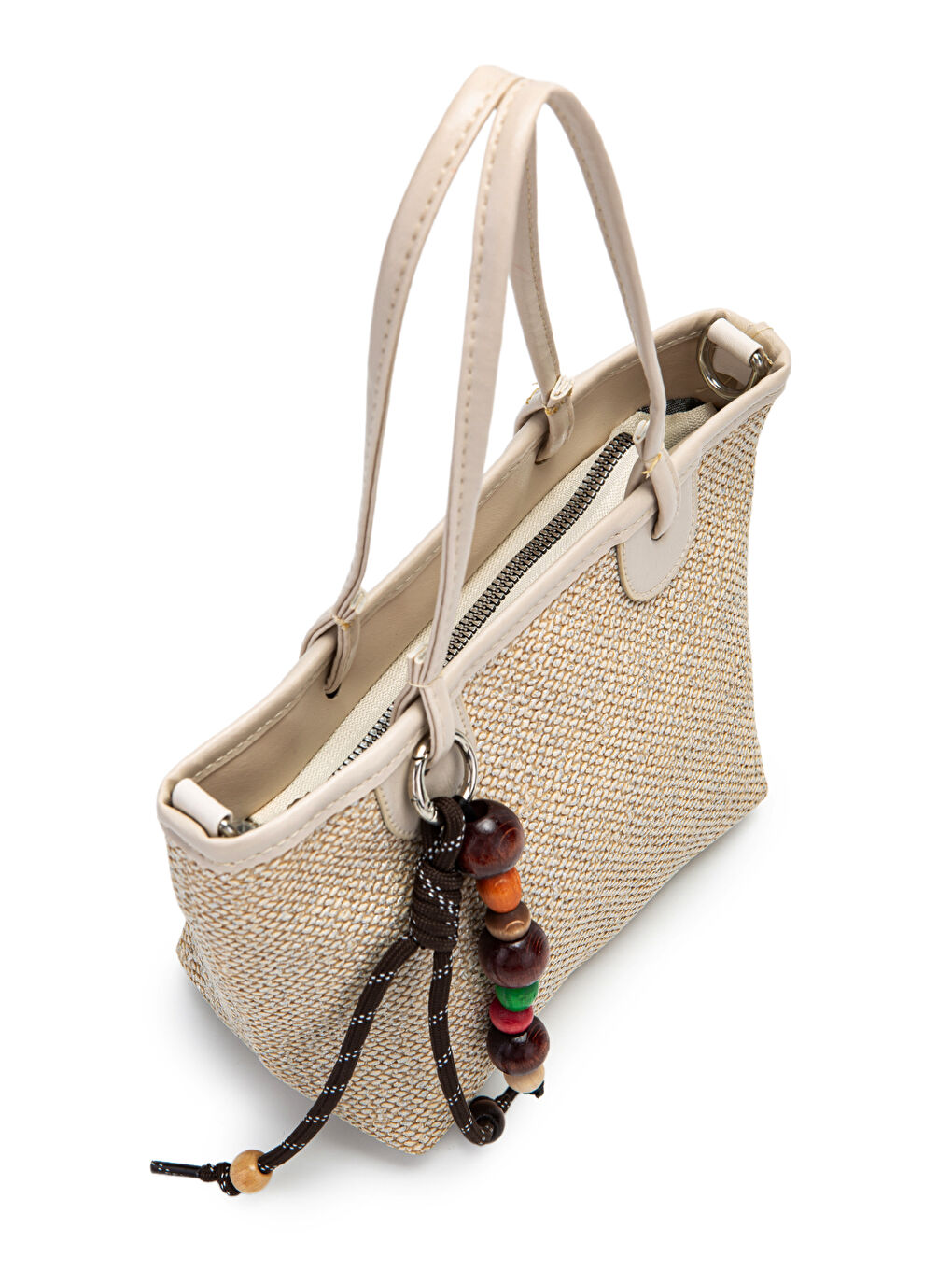 Ekru Ahşap Boncuk Detaylı Hasır Kadın Çapraz Çanta Missy Krem-4