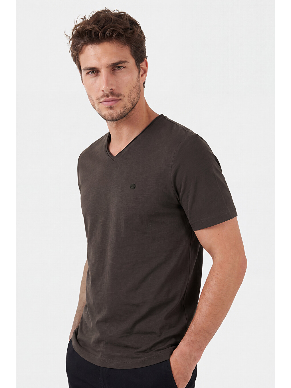 Kahverengi Pamuklu Regular Fit V Yaka T Shirt 5902719-3