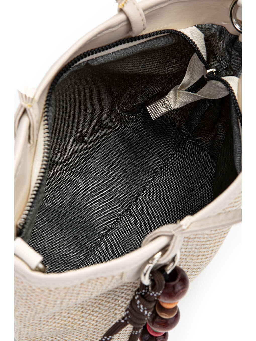 Ekru Ahşap Boncuk Detaylı Hasır Kadın Çapraz Çanta Missy Krem-5