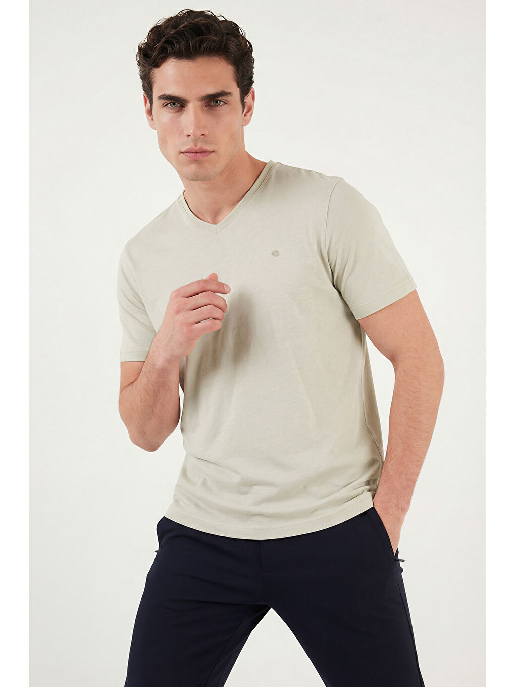 Bej Pamuklu Slim Fit V Yaka T Shirt 5902719-2