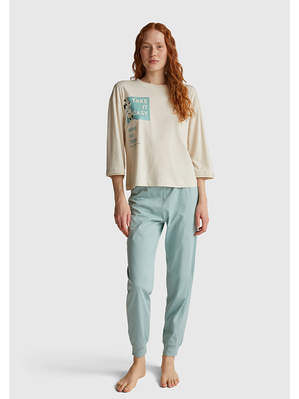 Ekru Kadın Krem Pamuk Karışımlı Disney Baskılı  Kısa Kollu Pijama üstü-4