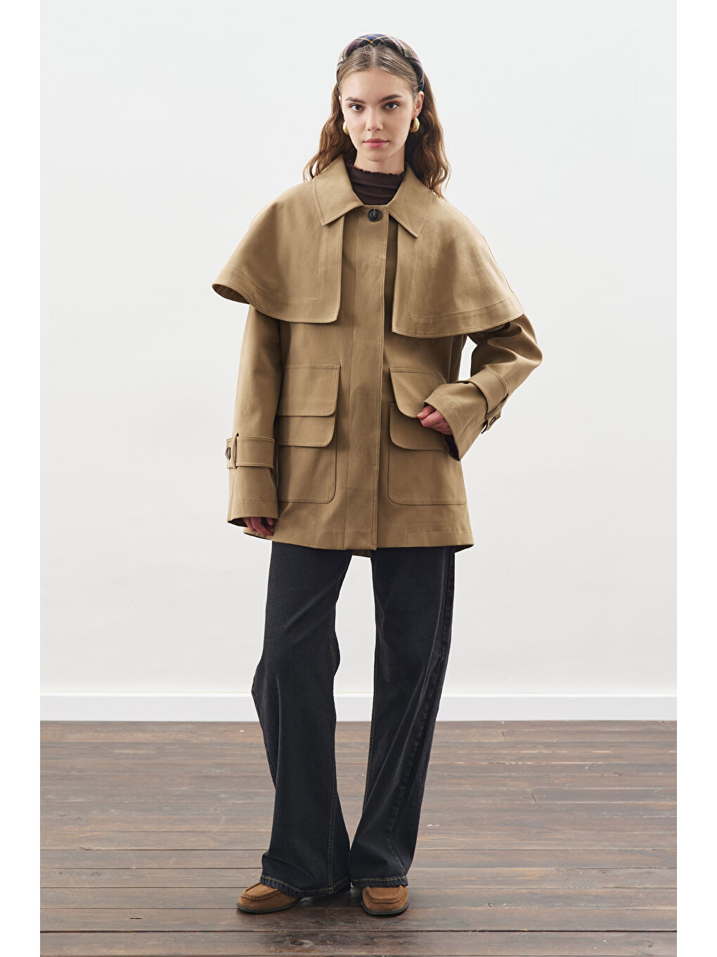 Kahverengi Pelerin Detaylı Parka Ceket Kamel-2