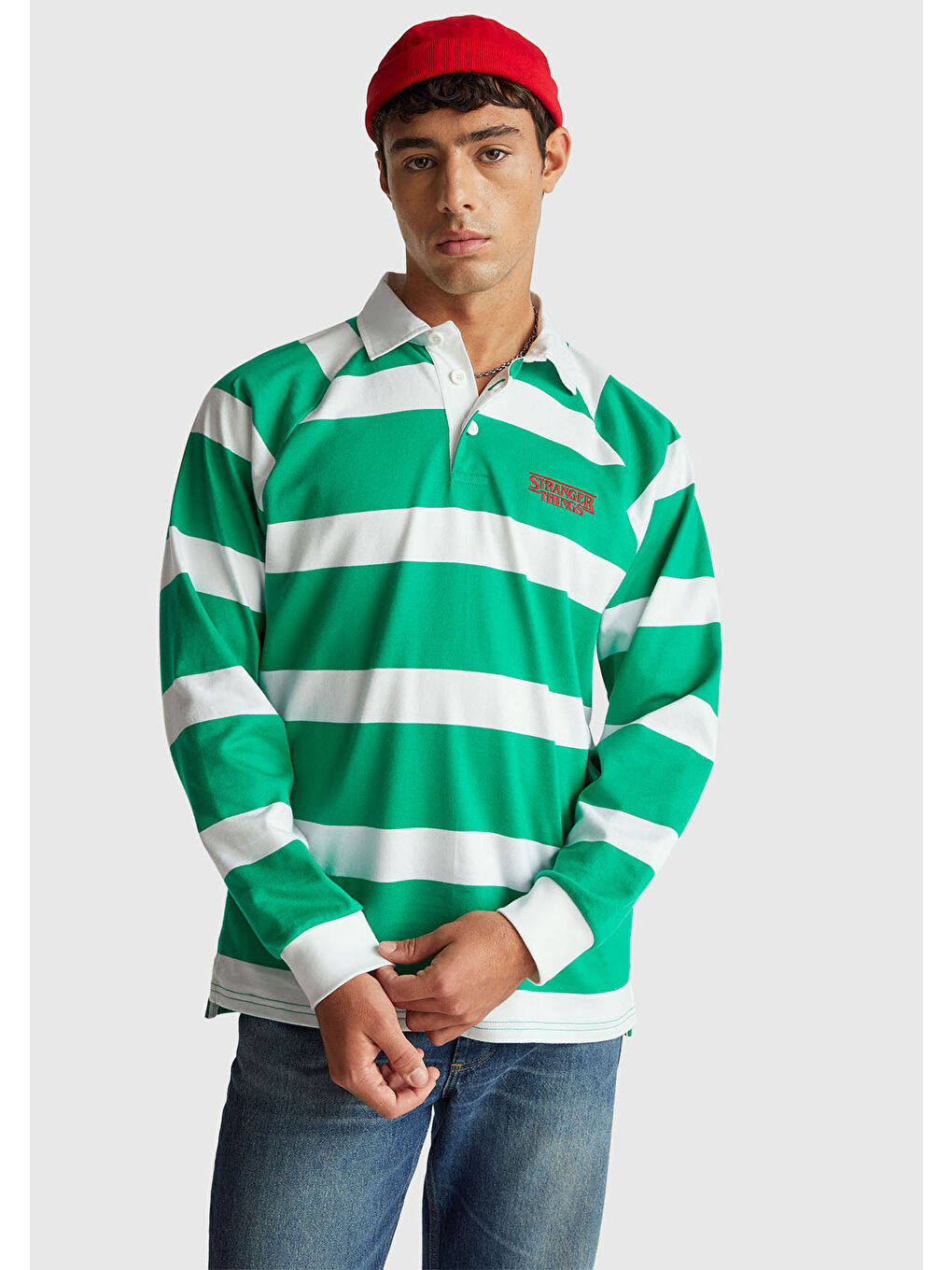 Erkek Yeşil %100 Pamuk Stranger Things Uzun Kollu Polo T-Shirt