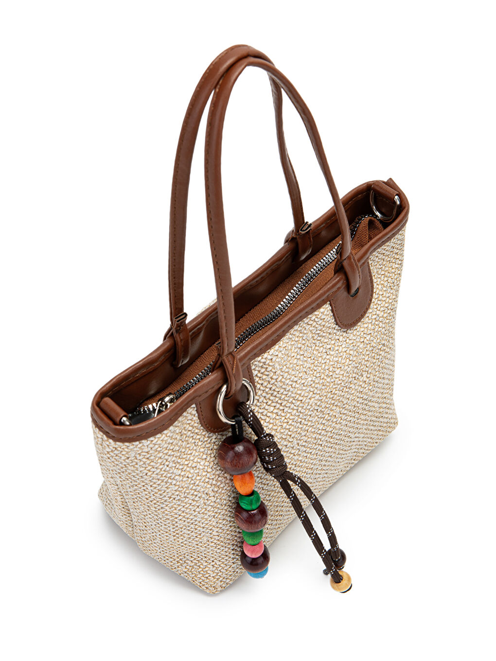Kahverengi Ahşap Boncuk Detaylı Hasır Kadın Çapraz Çanta Missy Taba-4