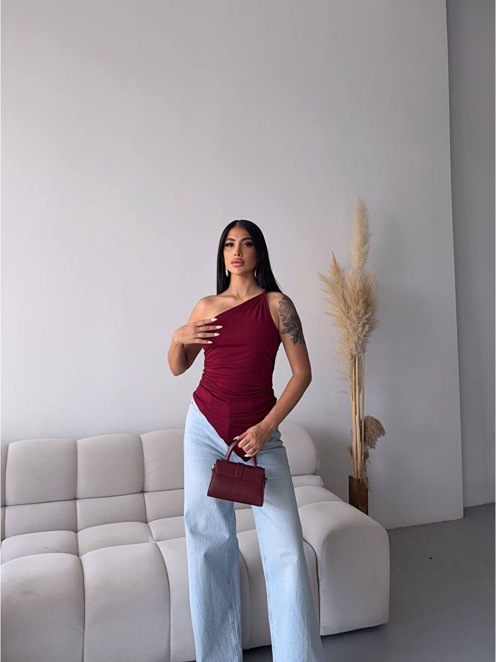 Omuz Detay Tasarım Bluz Bordo-3