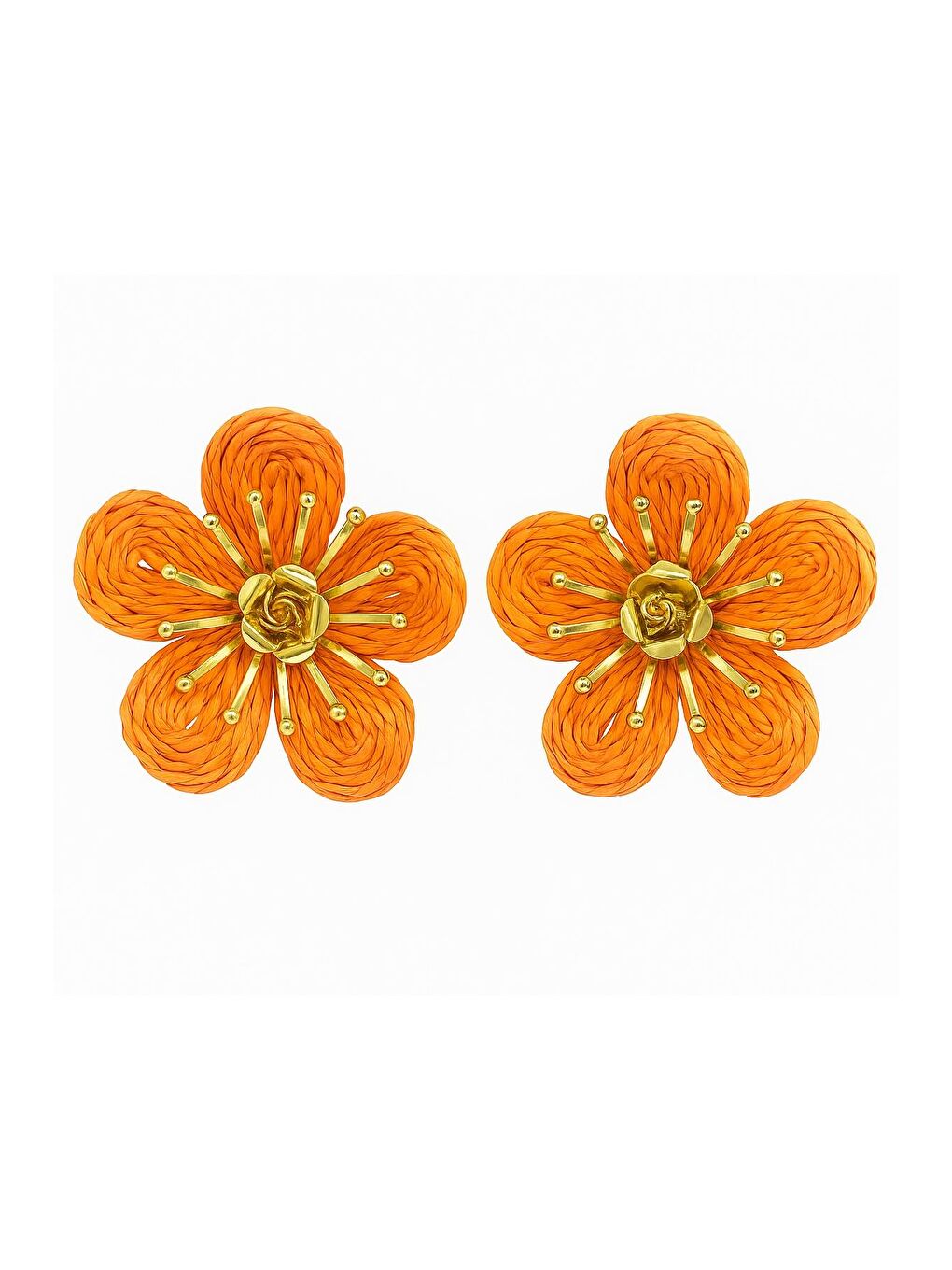 Turuncu Altın Detaylı Çiçek Küpe-1