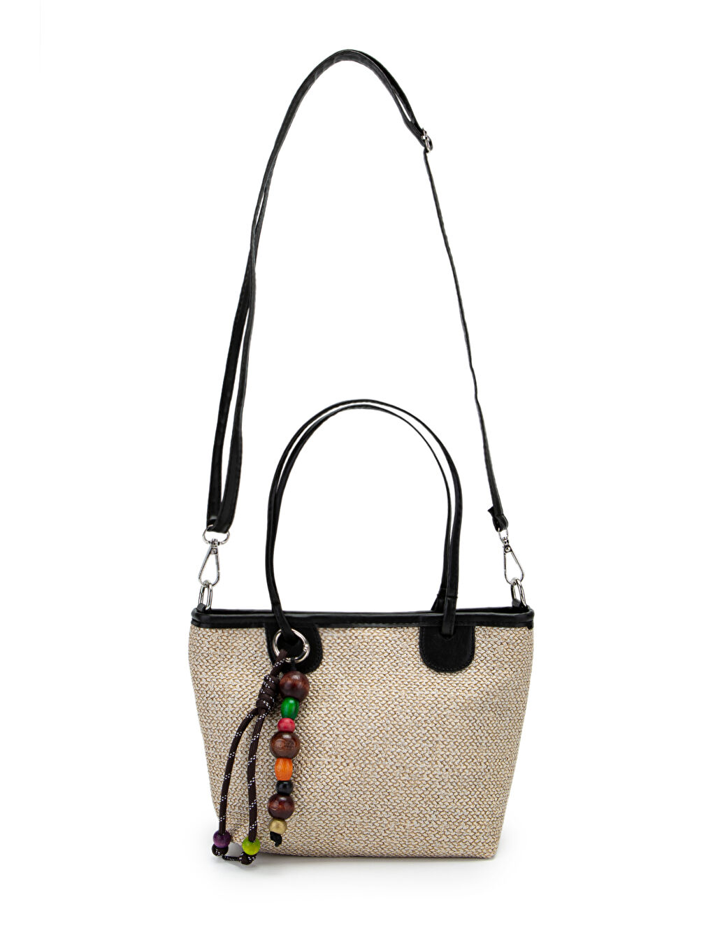 Ahşap Boncuk Detaylı Hasır Kadın Çapraz Çanta Missy Siyah-1