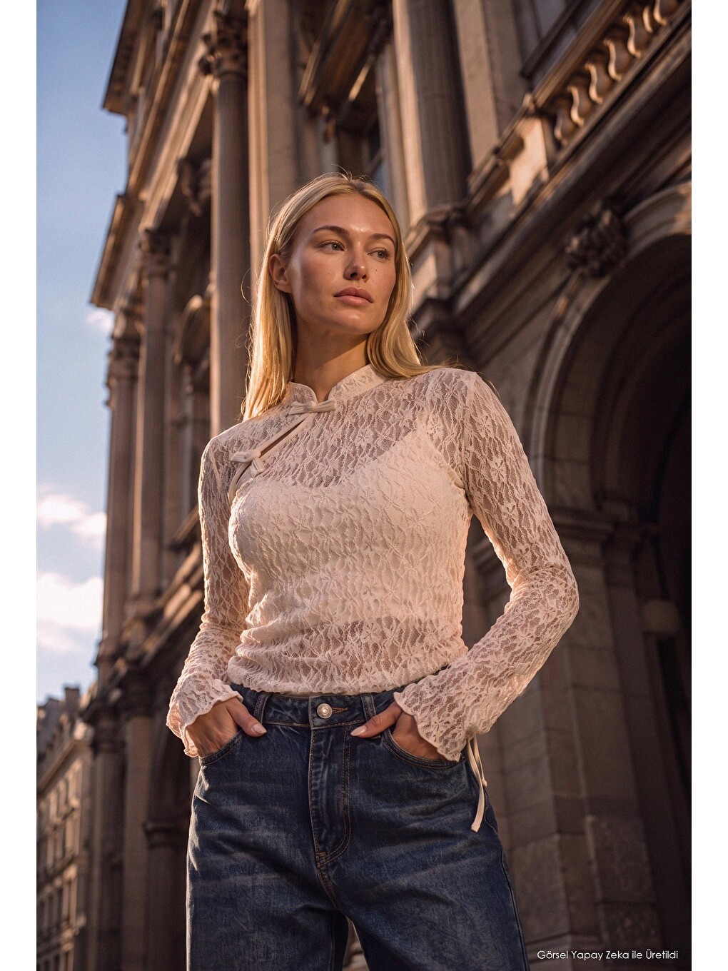 Kadın Bej W6-101 Crop Dantelli Transparan Çift Parça Tasarım Bluz-2