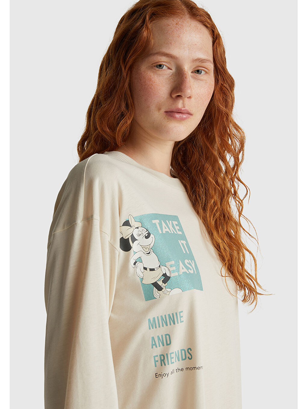 Ekru Kadın Krem Pamuk Karışımlı Disney Baskılı  Kısa Kollu Pijama üstü-5