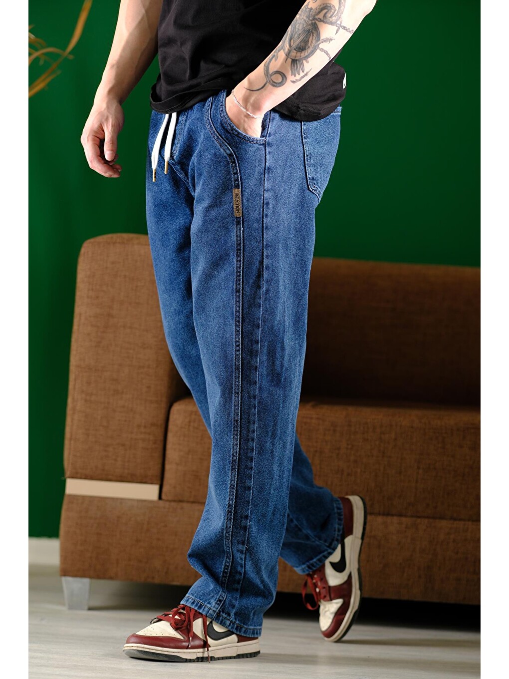 Lacivert Reax Streetwear Beli Lastikli İpli Düz Paça Rahat Kesim Erkek Jean Pantolon