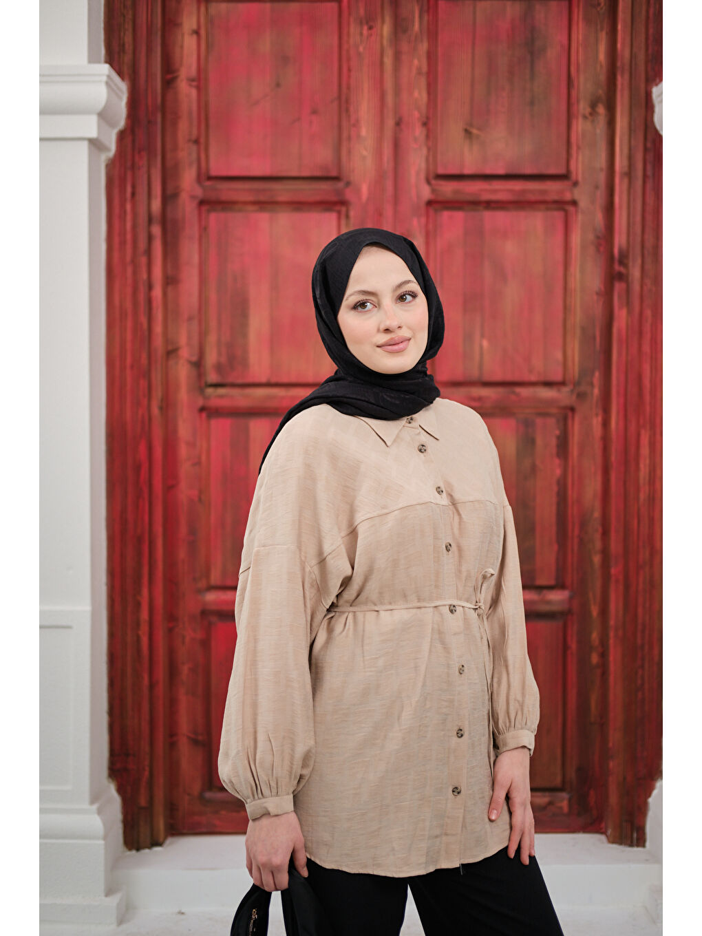 Ekru Kadın Bel Bağlamalı Tencele Gömlek Krem-1