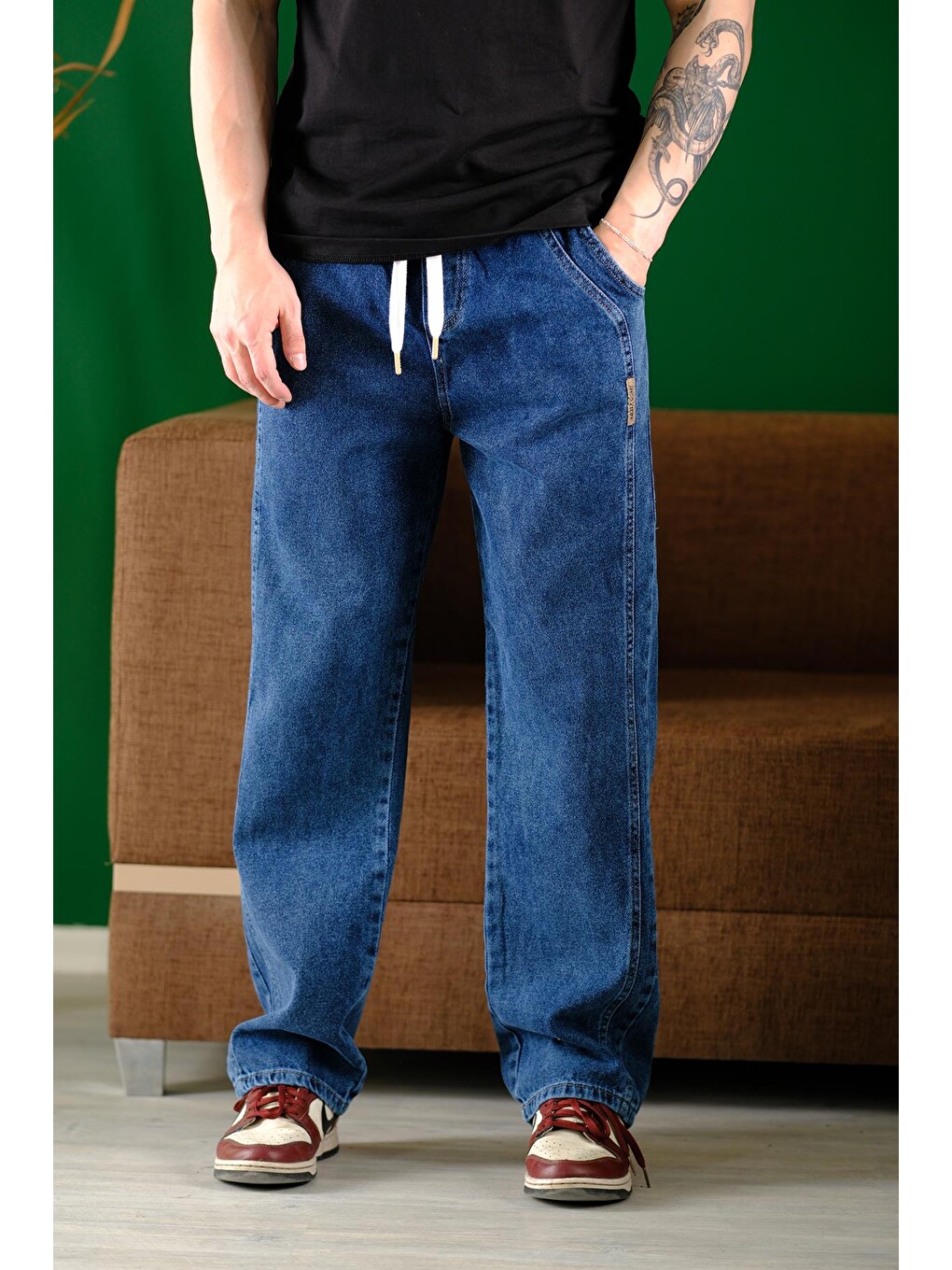 Lacivert Reax Streetwear Beli Lastikli İpli Düz Paça Rahat Kesim Erkek Jean Pantolon-1