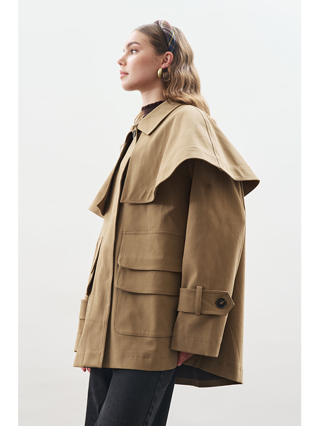 Kahverengi Pelerin Detaylı Parka Ceket Kamel-4