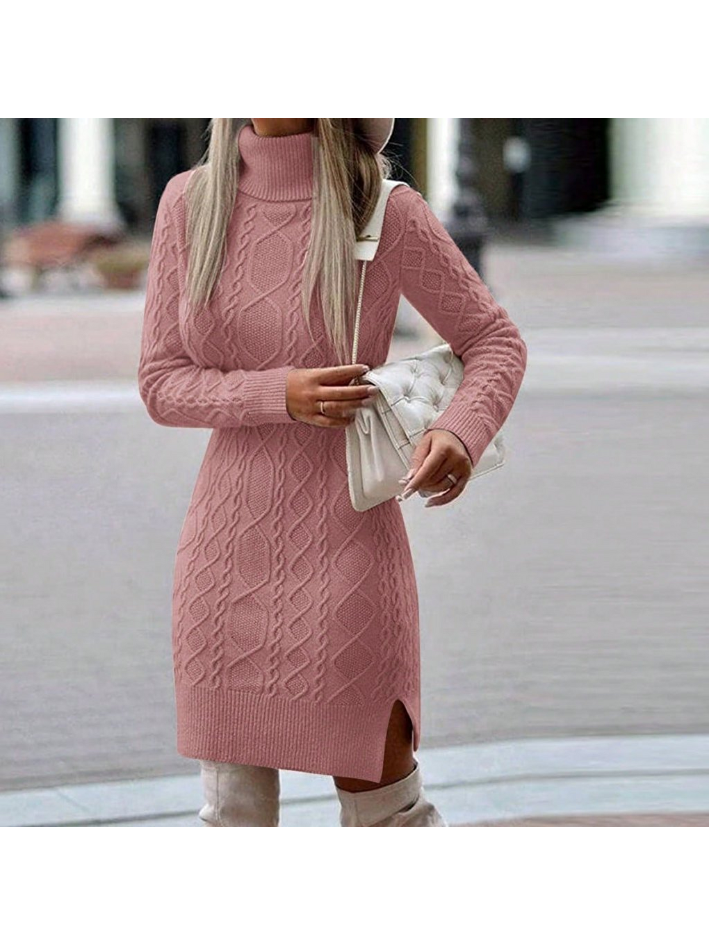 Pembe Loren Yünlü Motifli Midi Boy Triko Elbise-1