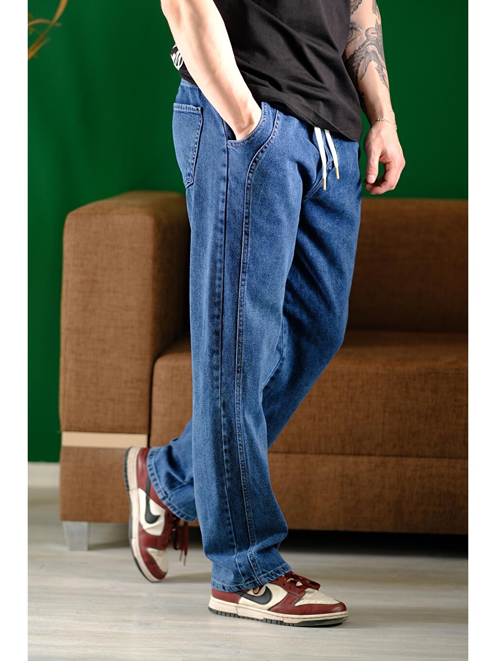 Lacivert Reax Streetwear Beli Lastikli İpli Düz Paça Rahat Kesim Erkek Jean Pantolon-2