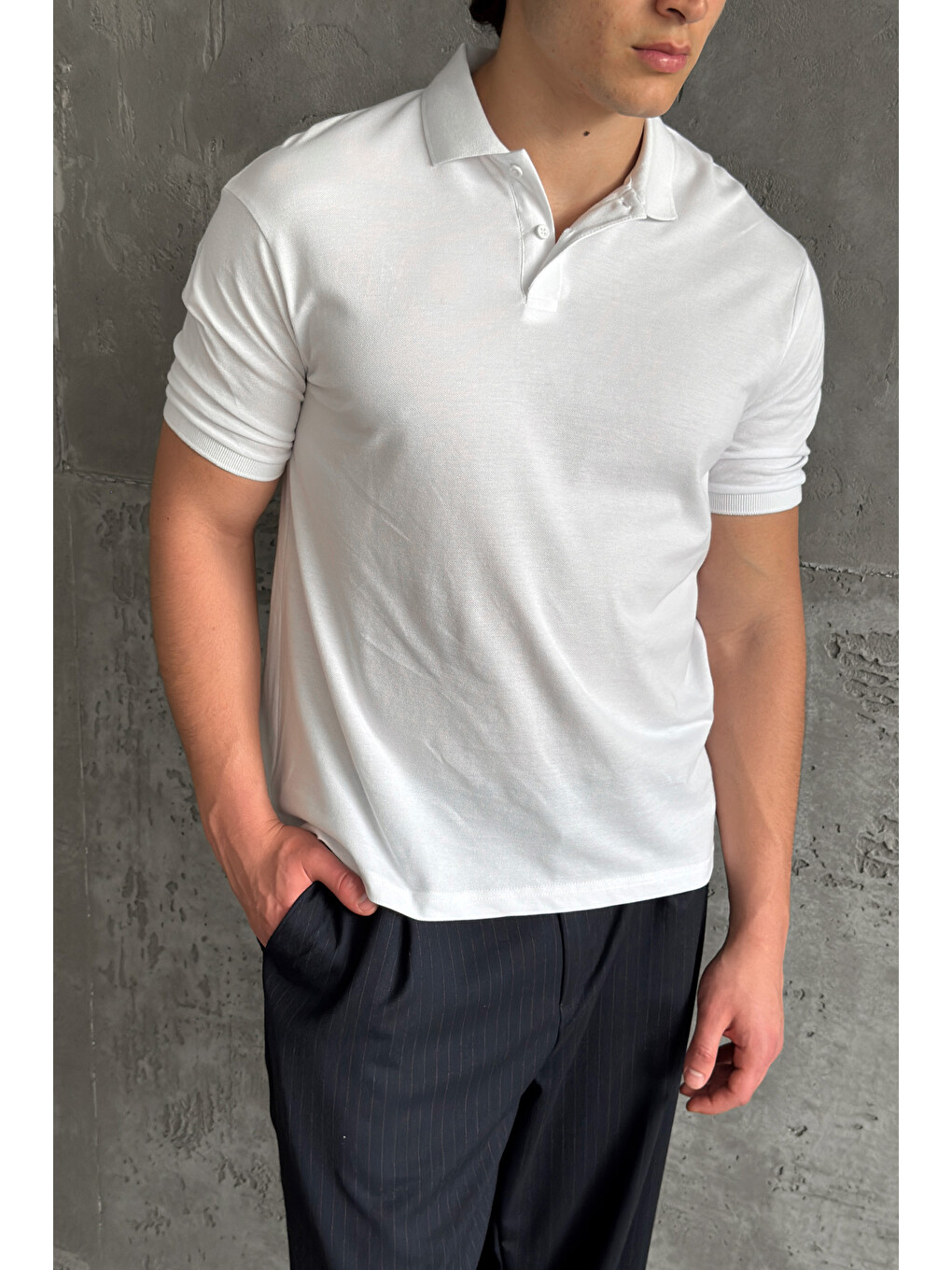 Beyaz Erkek %100 Pamuk Düğmeli Polo Yaka T-Shirt-2