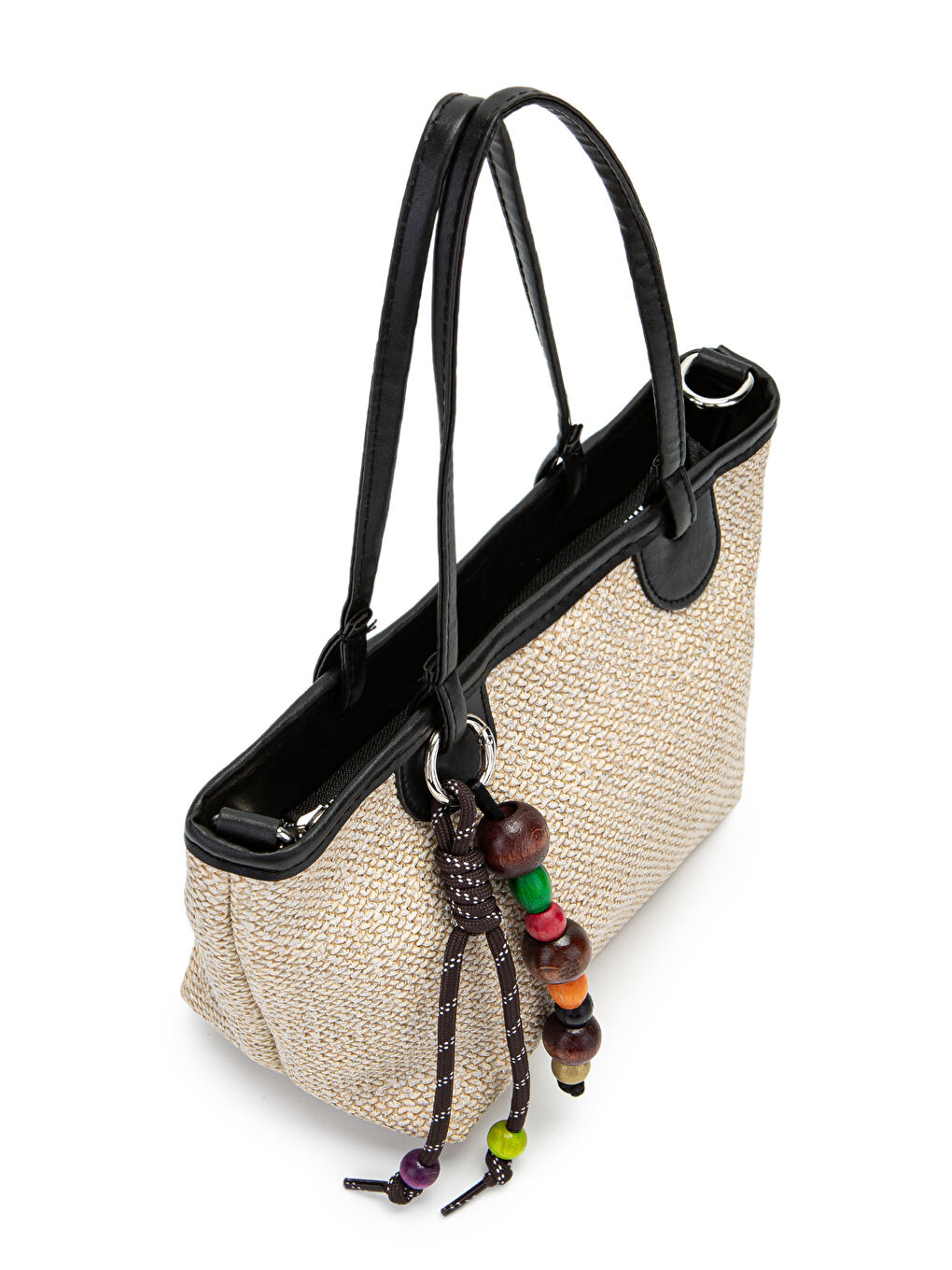 Ahşap Boncuk Detaylı Hasır Kadın Çapraz Çanta Missy Siyah-4