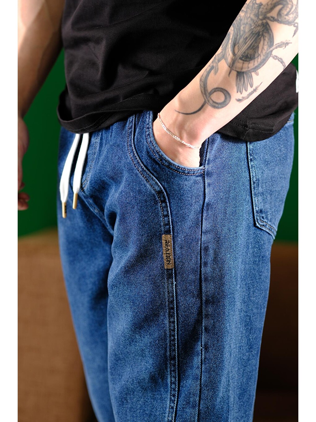 Lacivert Reax Streetwear Beli Lastikli İpli Düz Paça Rahat Kesim Erkek Jean Pantolon-3