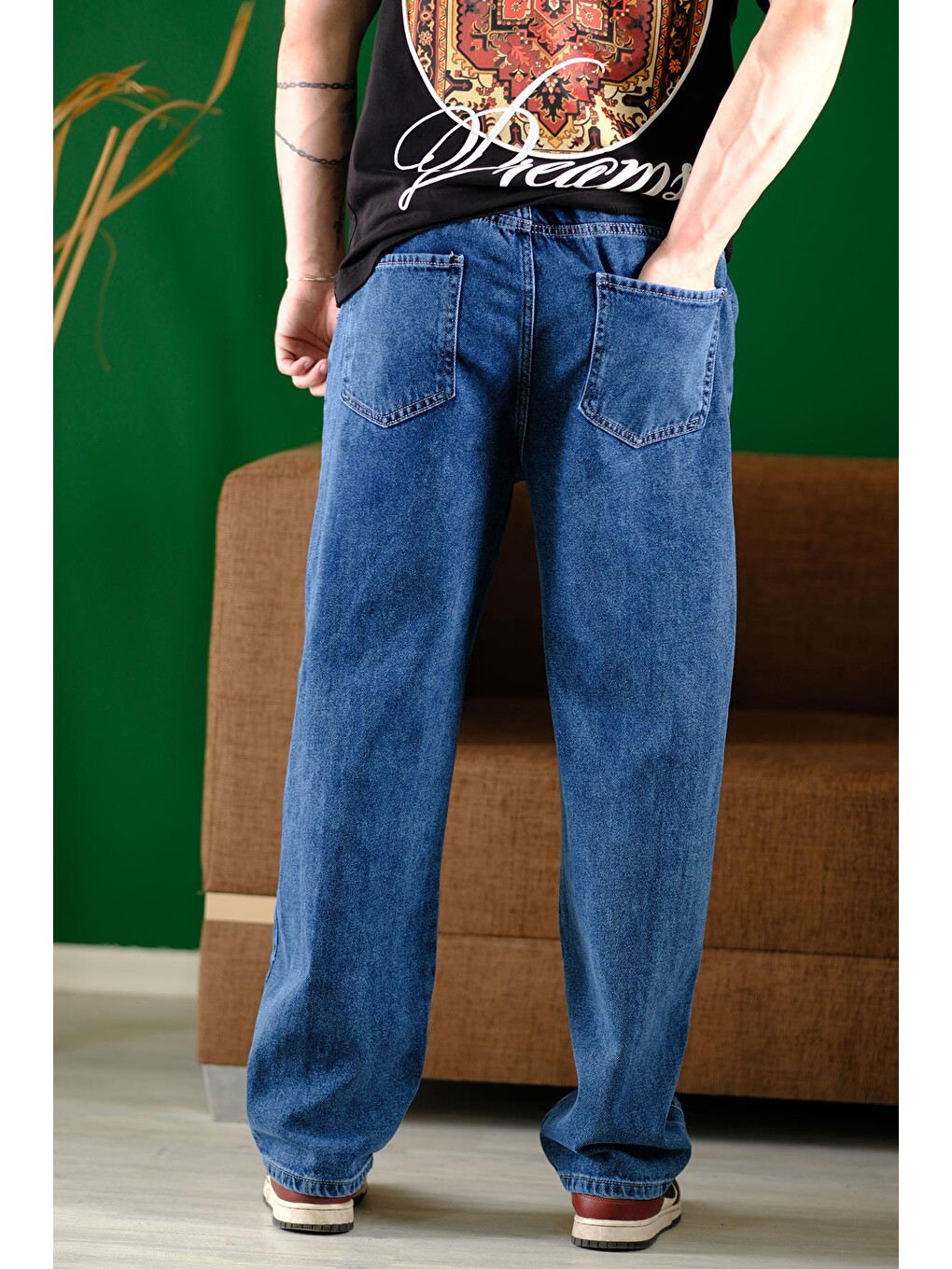 Lacivert Reax Streetwear Beli Lastikli İpli Düz Paça Rahat Kesim Erkek Jean Pantolon-4
