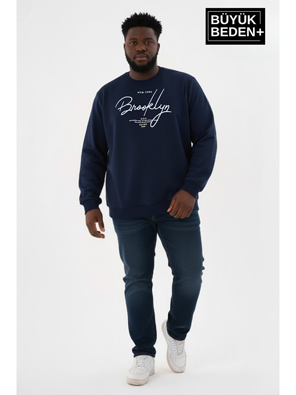 Lacivert Erkek Büyük Beden El Yazılı Brooklyn Baskılı Bisiklet Yaka İnce Sweatshirt SPR26BSW956-6