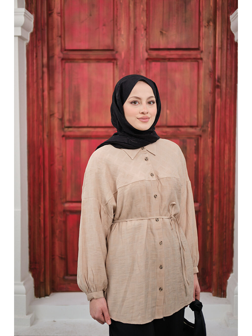 Ekru Kadın Bel Bağlamalı Tencele Gömlek Krem-3