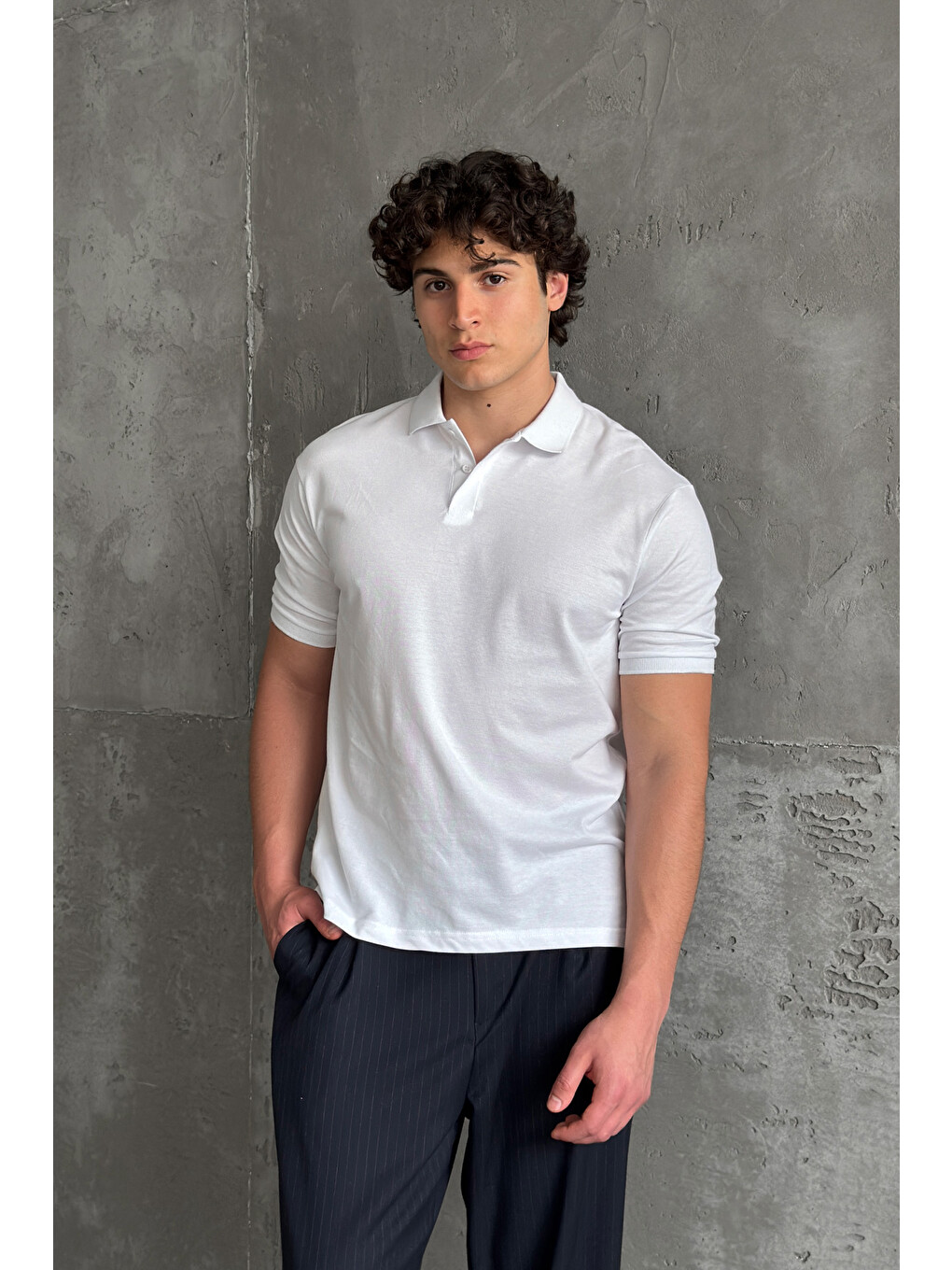 Beyaz Erkek %100 Pamuk Düğmeli Polo Yaka T-Shirt-5