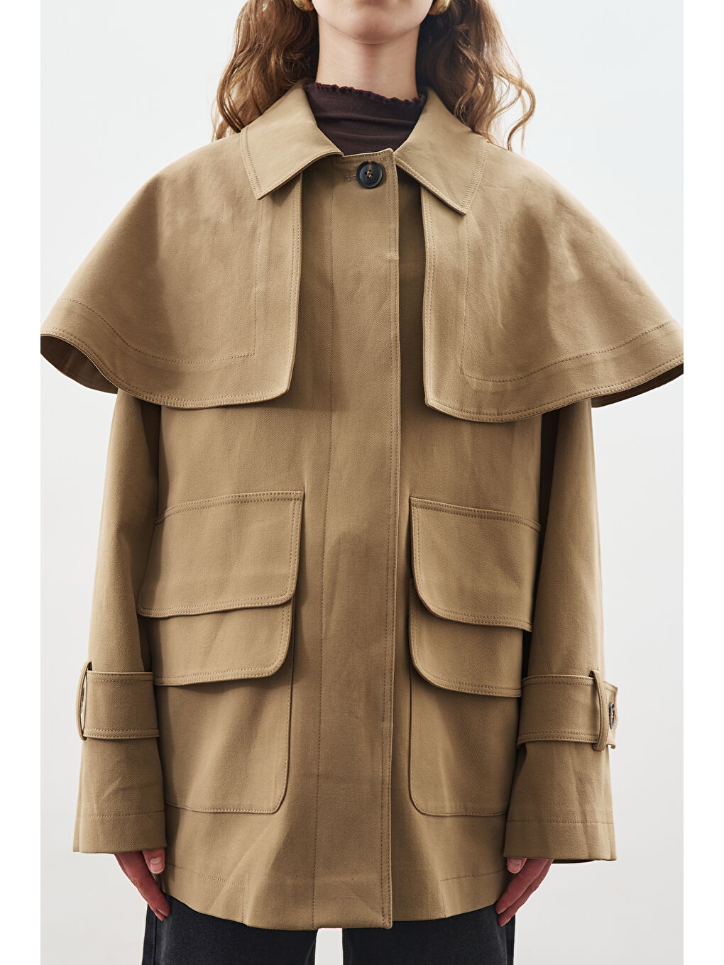 Kahverengi Pelerin Detaylı Parka Ceket Kamel-6