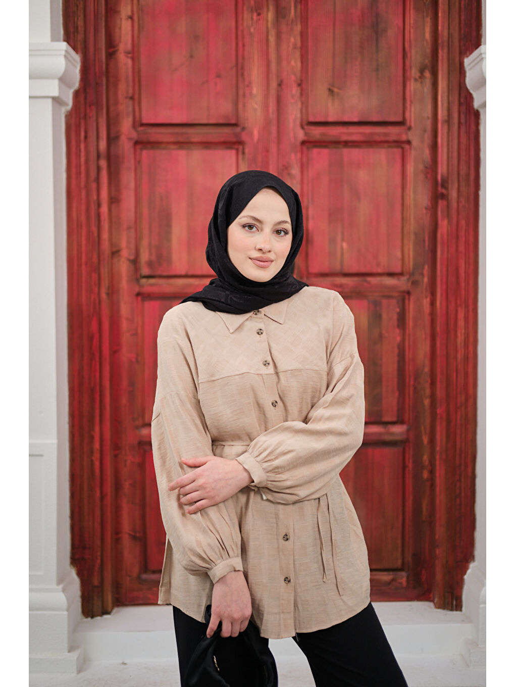 Ekru Kadın Bel Bağlamalı Tencele Gömlek Krem-4