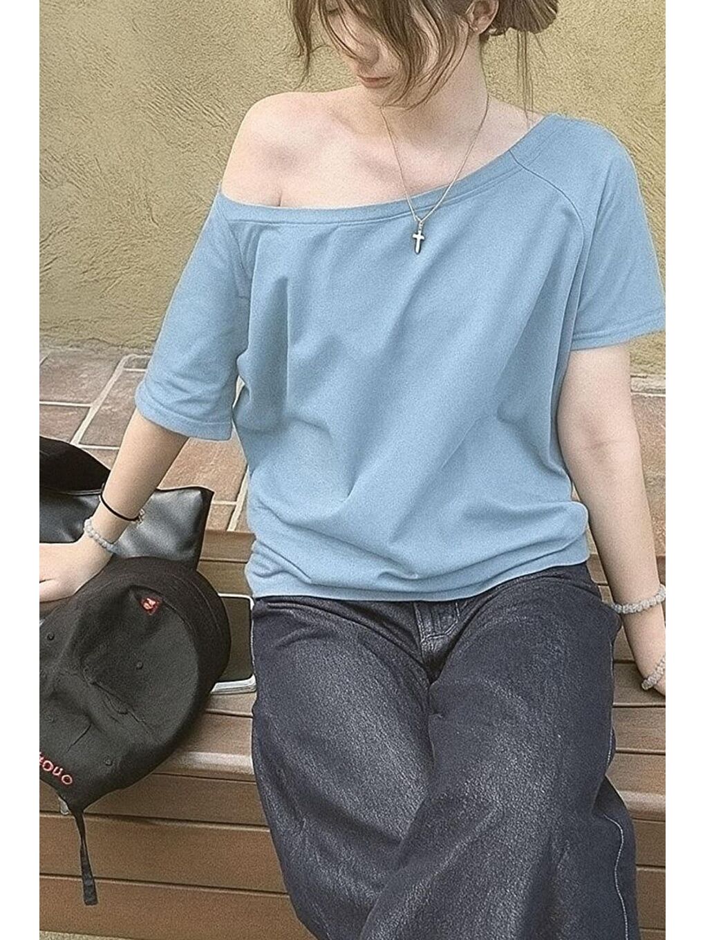 Bebe Mavisi Kadın Düşük Omuz Kayık Yaka Oversize T-Shirt-1