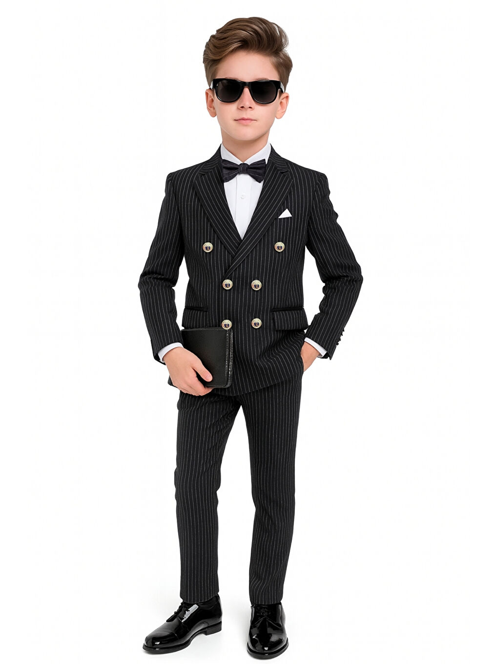Siyah Erkek Çocuk Düğün & Davet Kruvaze Çizgili Papyonlu Takım Elbise Ak5695