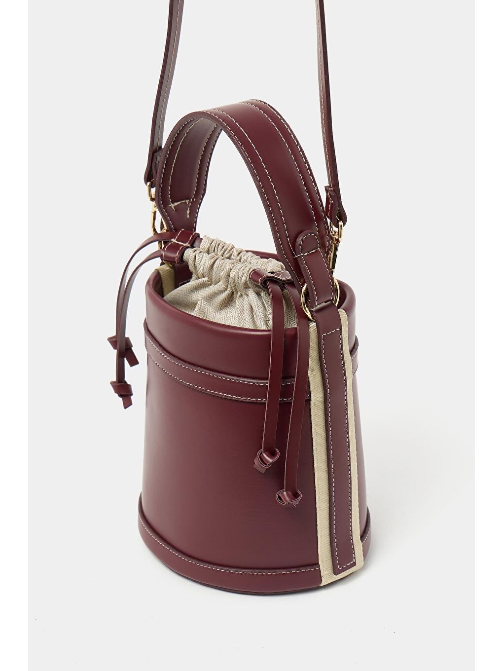 Kontrast Dikişli Kova El Ve Omuz Çanta Bordo-2