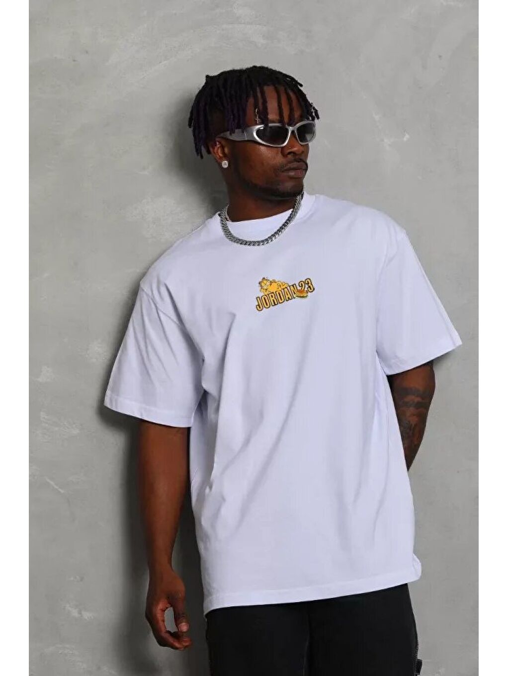 Unisex Bisiklet Yaka Baskılı Oversize T-Shirt - Beyaz