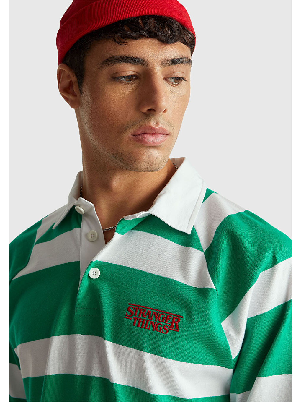 Erkek Yeşil %100 Pamuk Stranger Things Uzun Kollu Polo T-Shirt-5