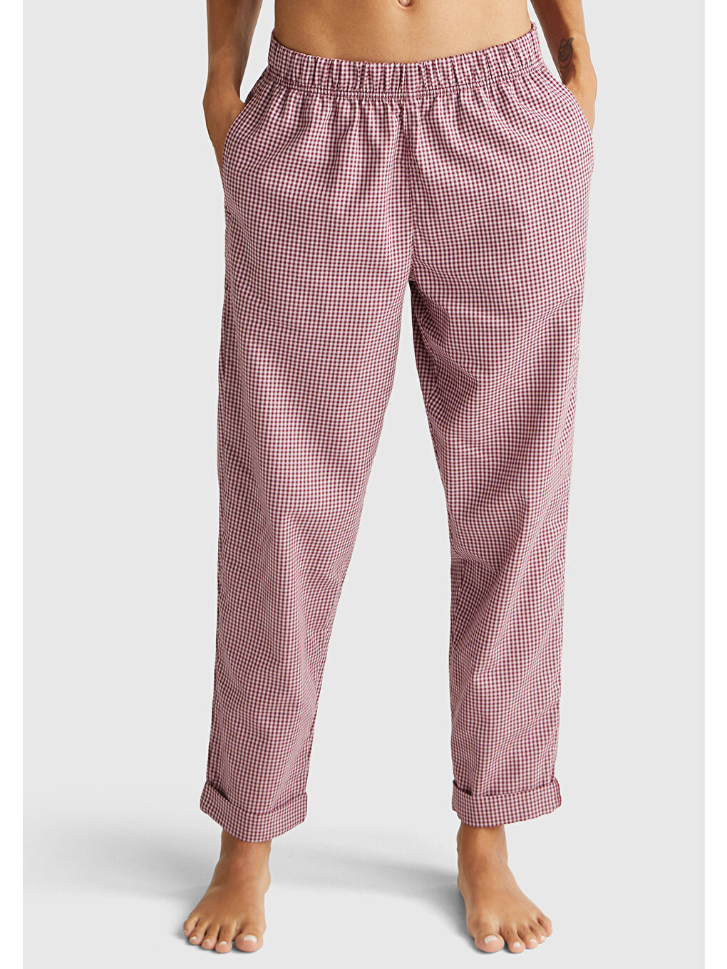 Kadın Mor %100 Pamuk Kare Desenli Paçası Kıvrık Pijama Altı