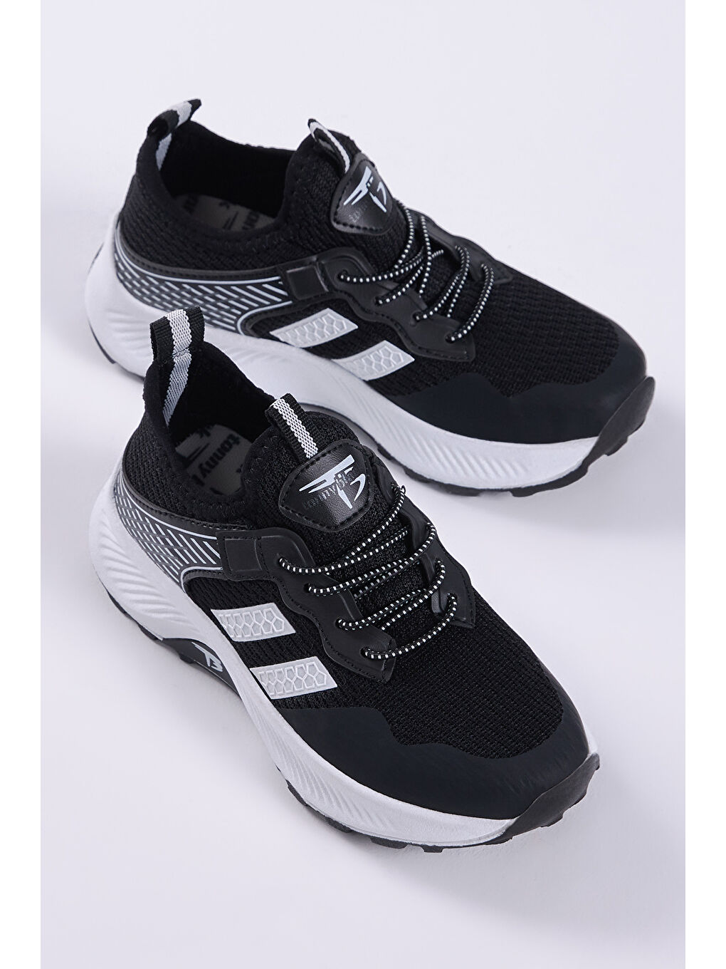 Çocuk Unisex Siyah Beyaz Rahat Kalıp Nefes Alabilen Kumaş Bağcıklı Sneaker-1