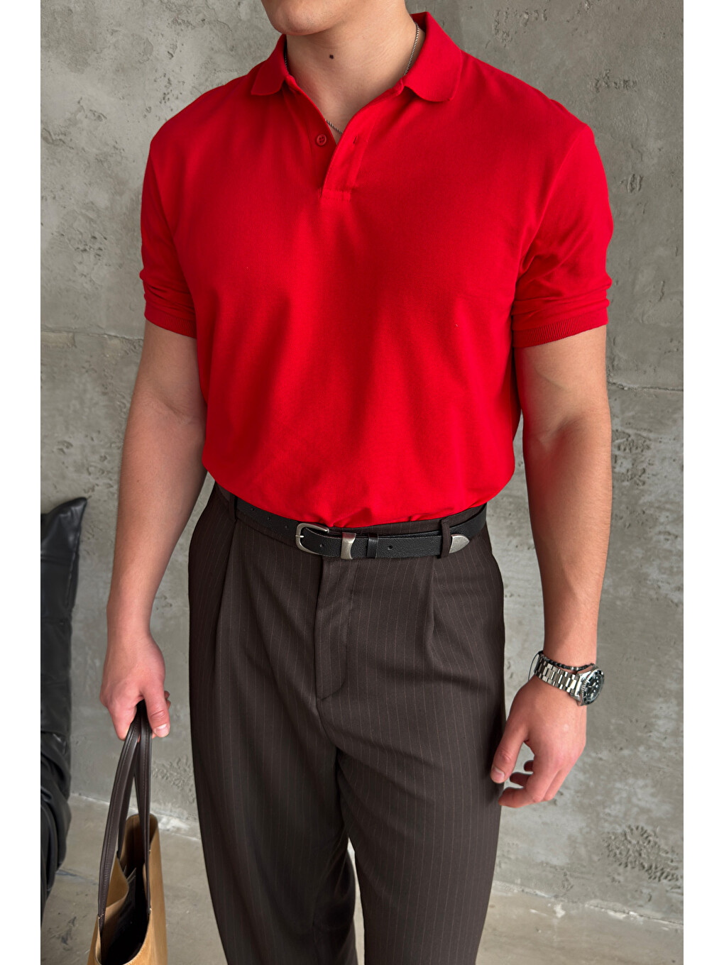 Kırmızı Erkek %100 Pamuk Düğmeli Polo Yaka T-Shirt-1