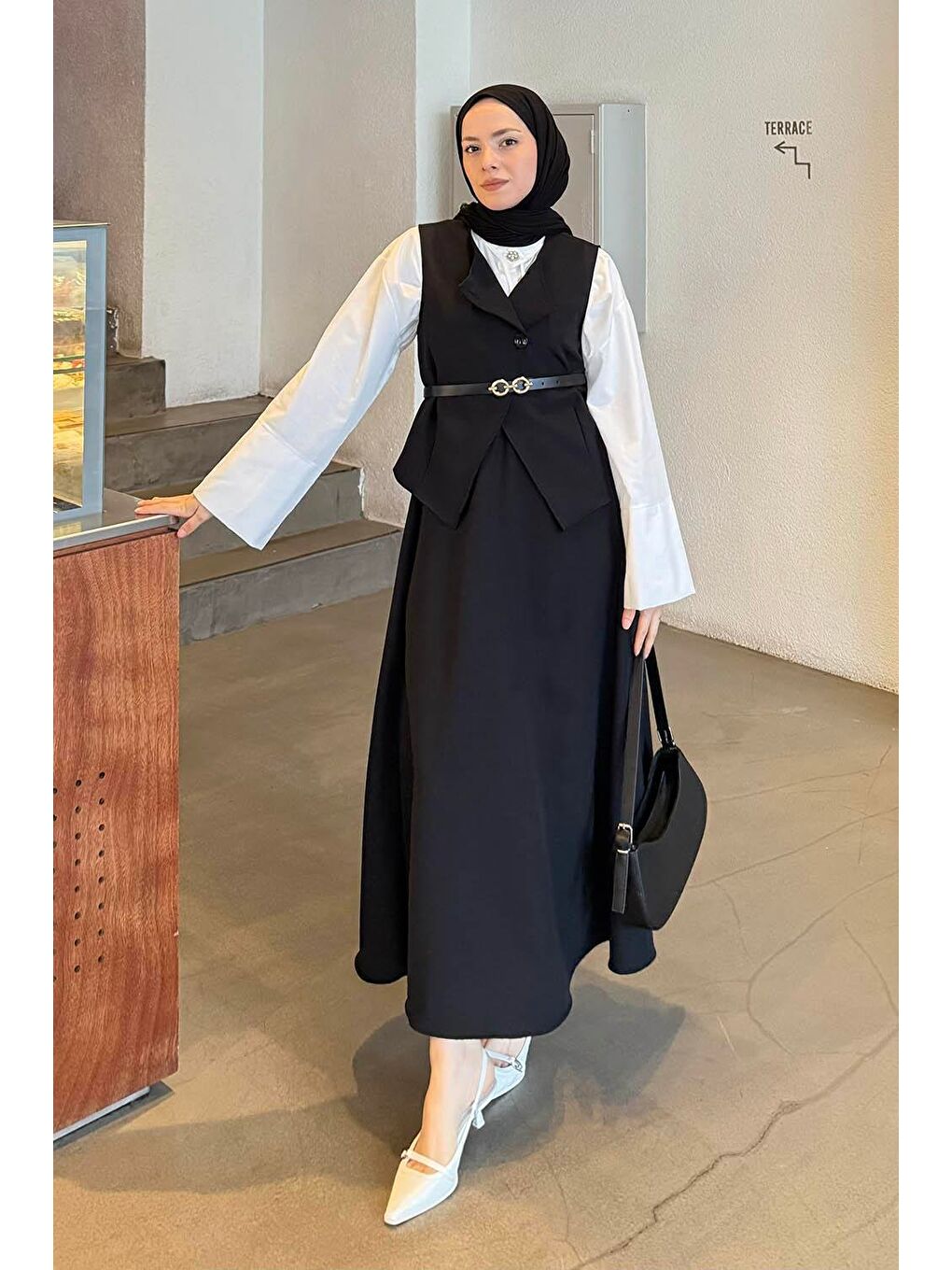 Düğmeli Etek-Yelek Tesettür İkili Takım Siyah