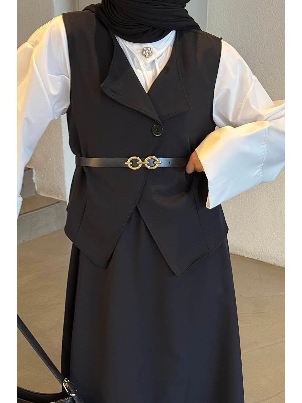 Düğmeli Etek-Yelek Tesettür İkili Takım Siyah-1