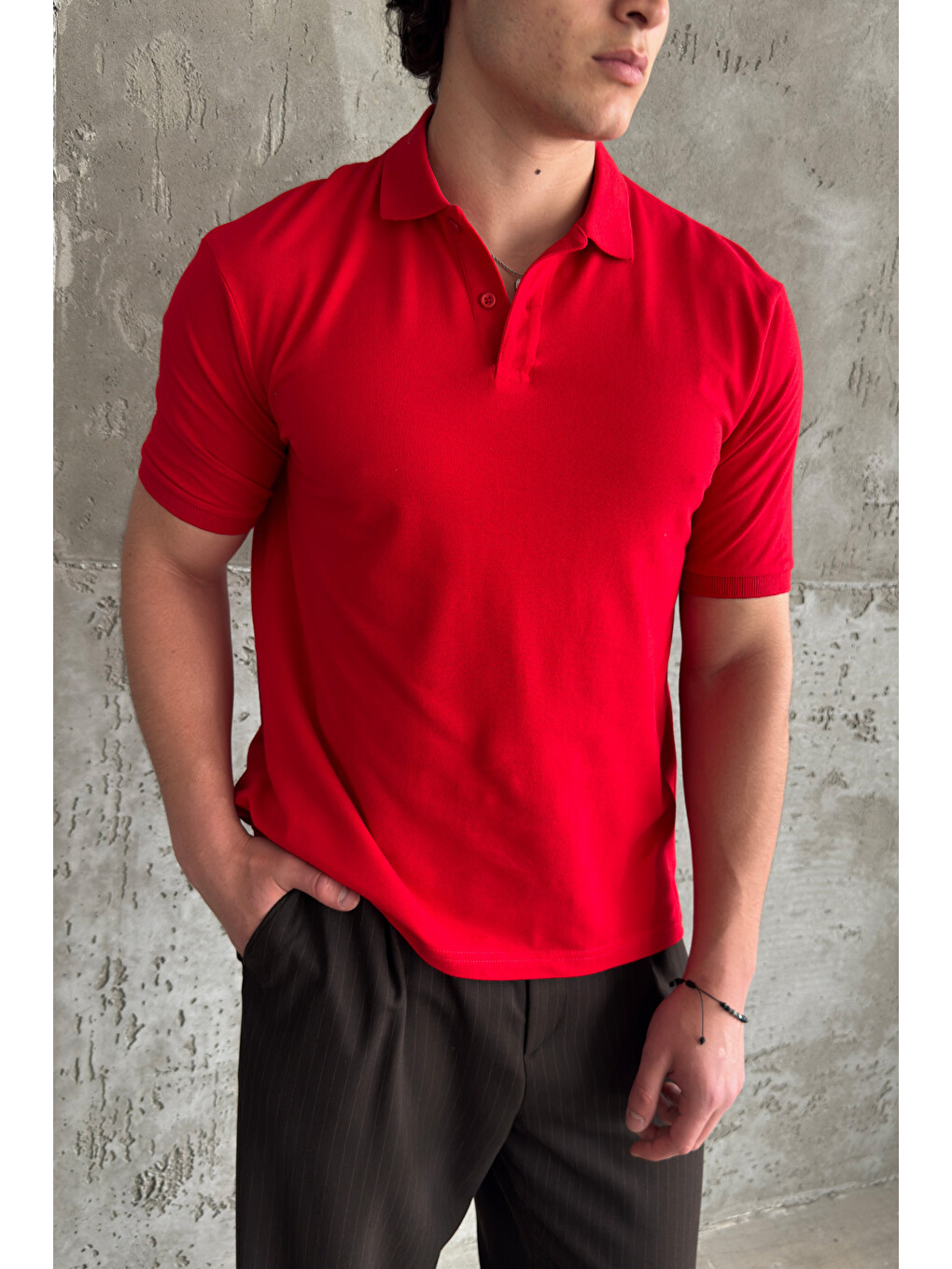 Kırmızı Erkek %100 Pamuk Düğmeli Polo Yaka T-Shirt-2