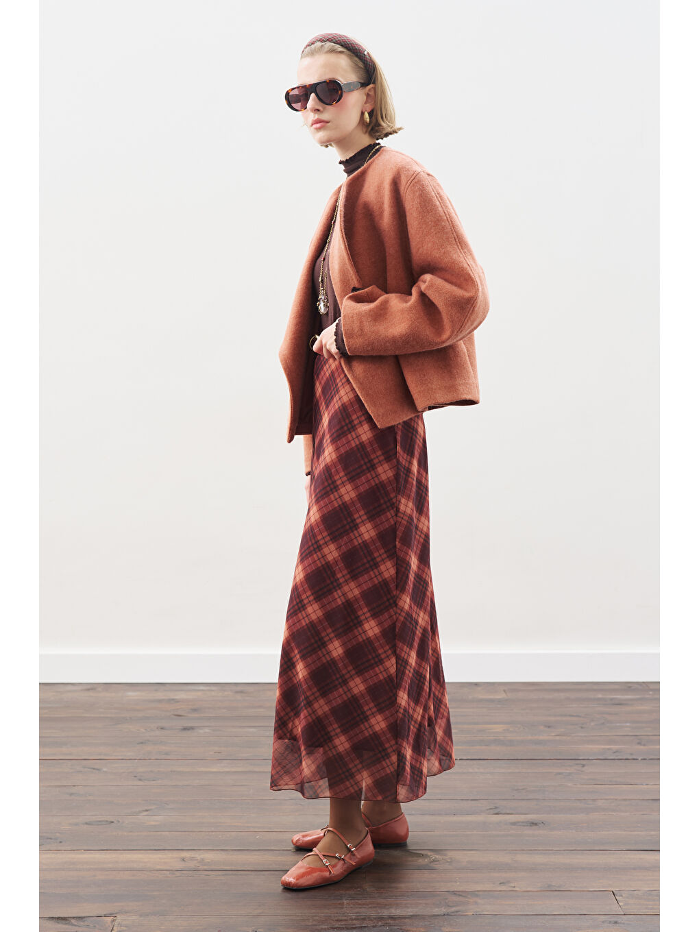 Desenli Tül Etek Kahverengi Ekose-4