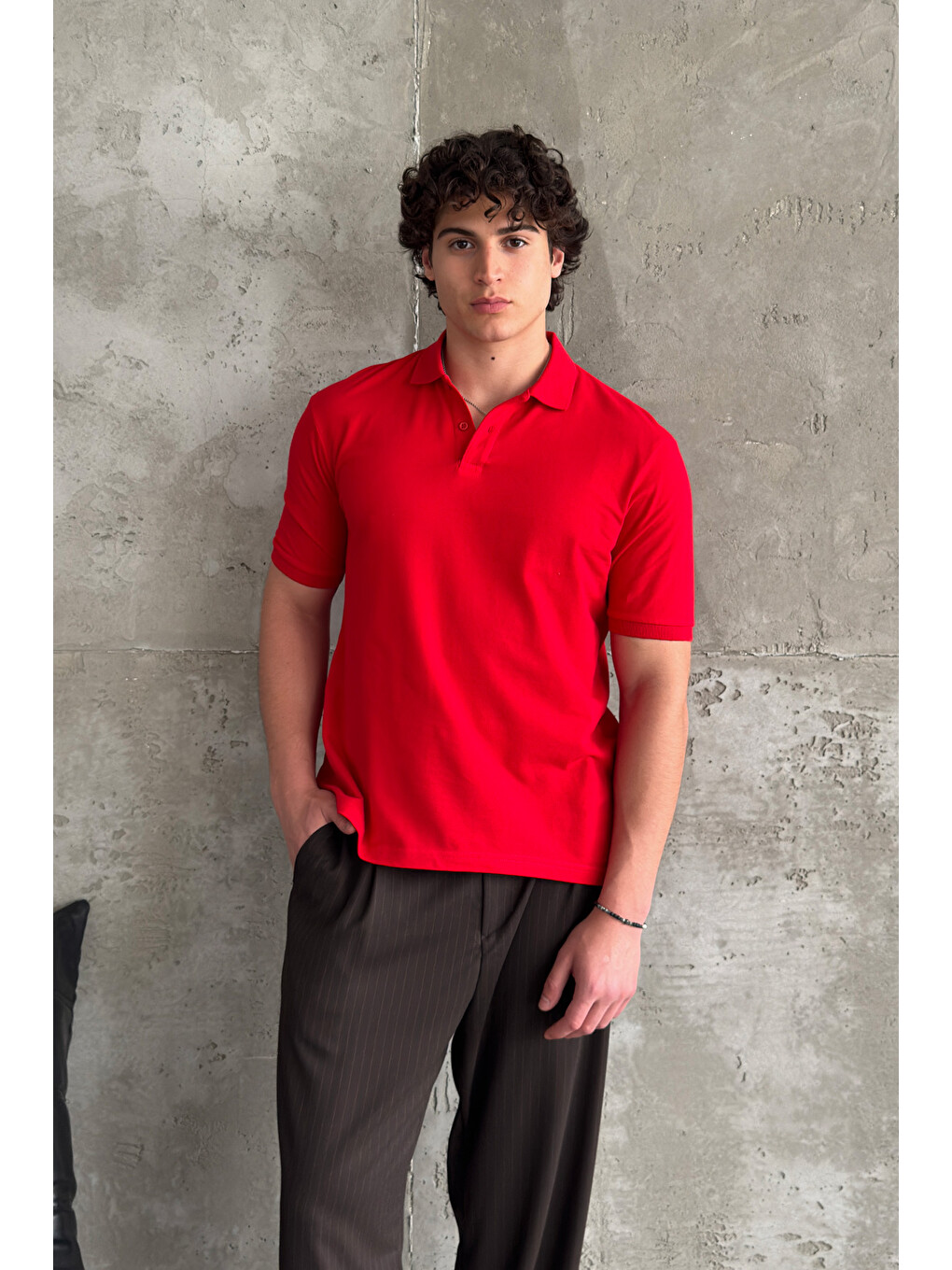 Kırmızı Erkek %100 Pamuk Düğmeli Polo Yaka T-Shirt-3