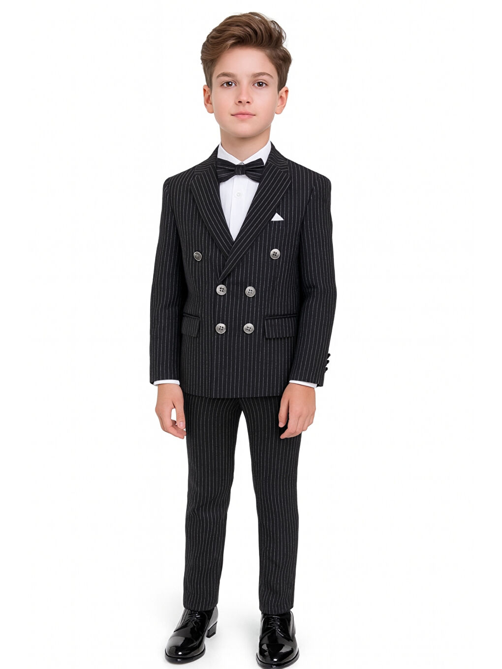 Siyah Erkek Çocuk Düğün & Davet Kruvaze Çizgili Papyonlu Takım Elbise Ak5695-1