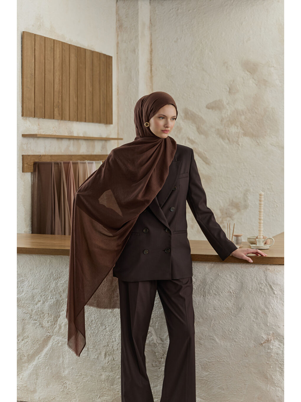 Kahverengi Soft Line Pamuk Şal Acı Kahve-3