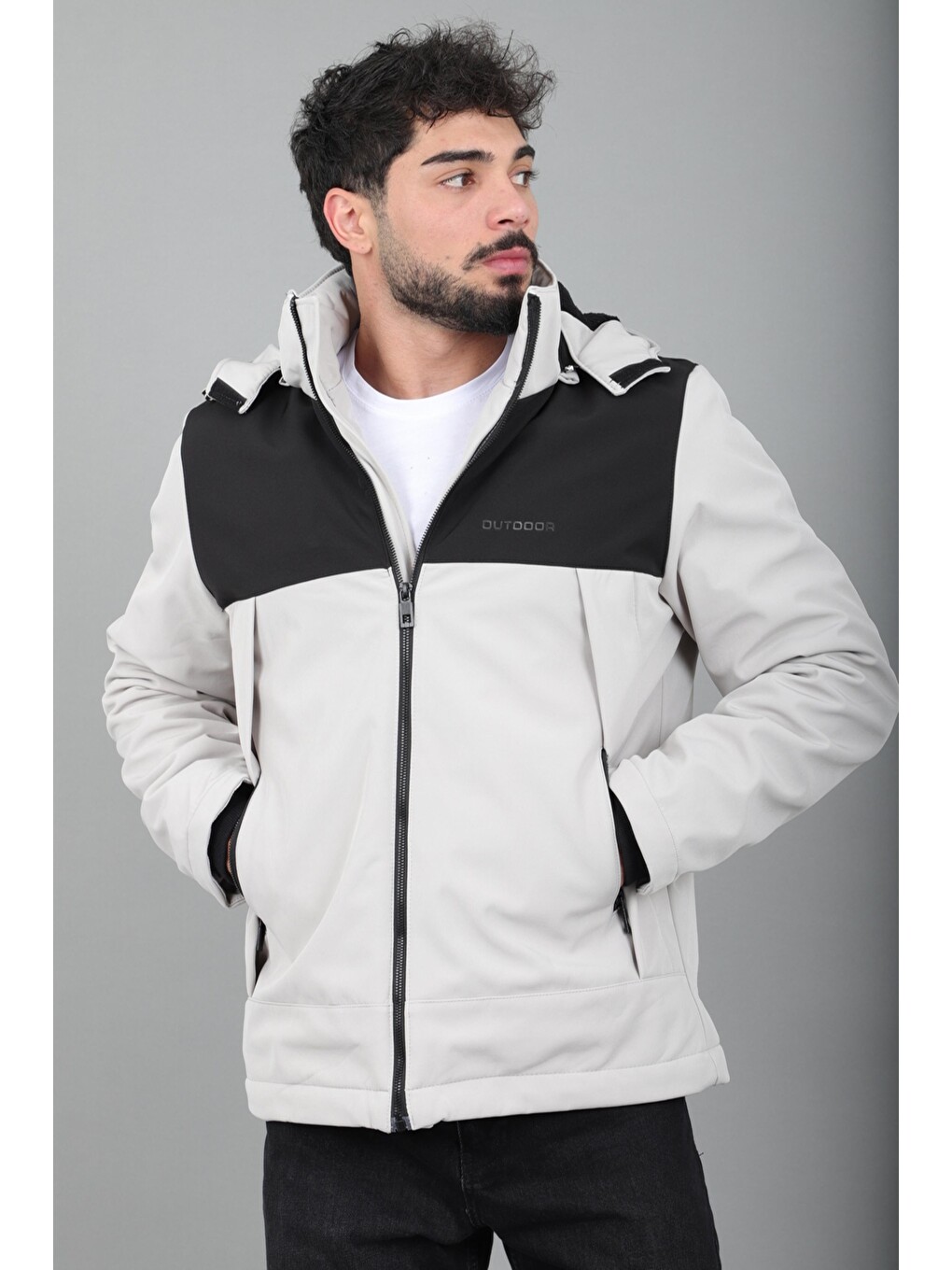 Bej Parçalı İçi Kürklü Softsheel Kışlık Mont Kmd 889_50523-3
