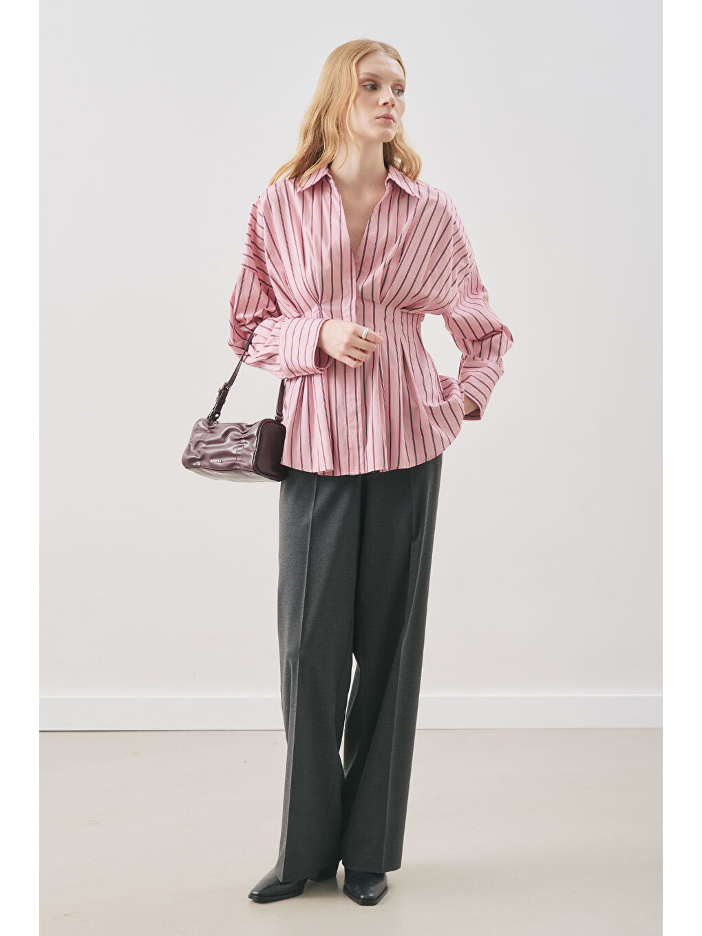 Pile Detaylı Gömlek Pembe Çizgili