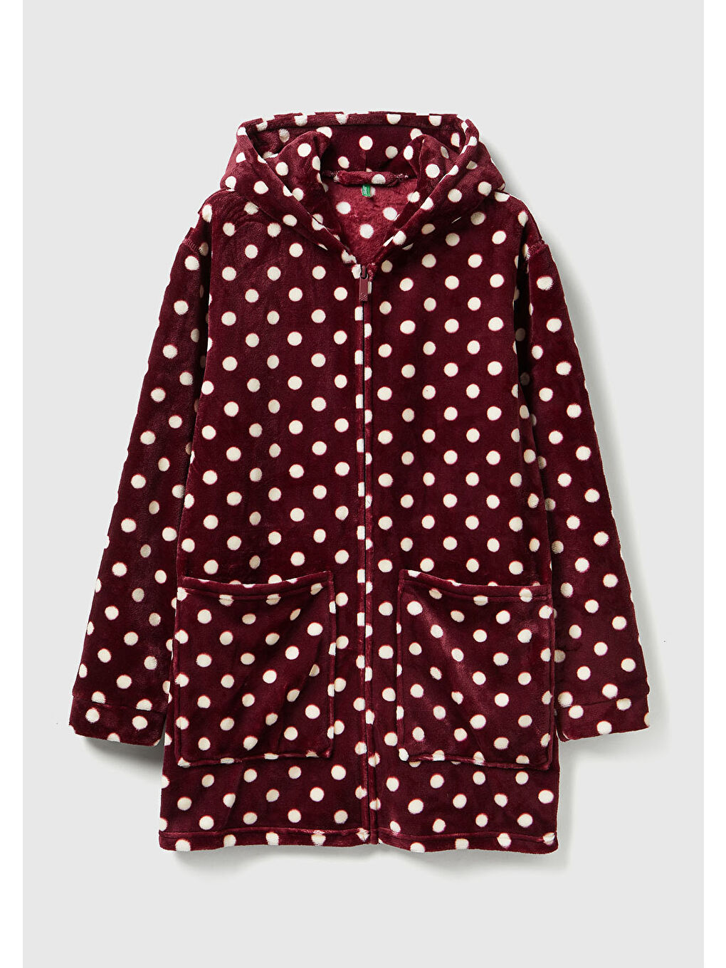 Kadın Bordo Puantiyeli Cepli Kapüşonlu Pelüş Sabahlık